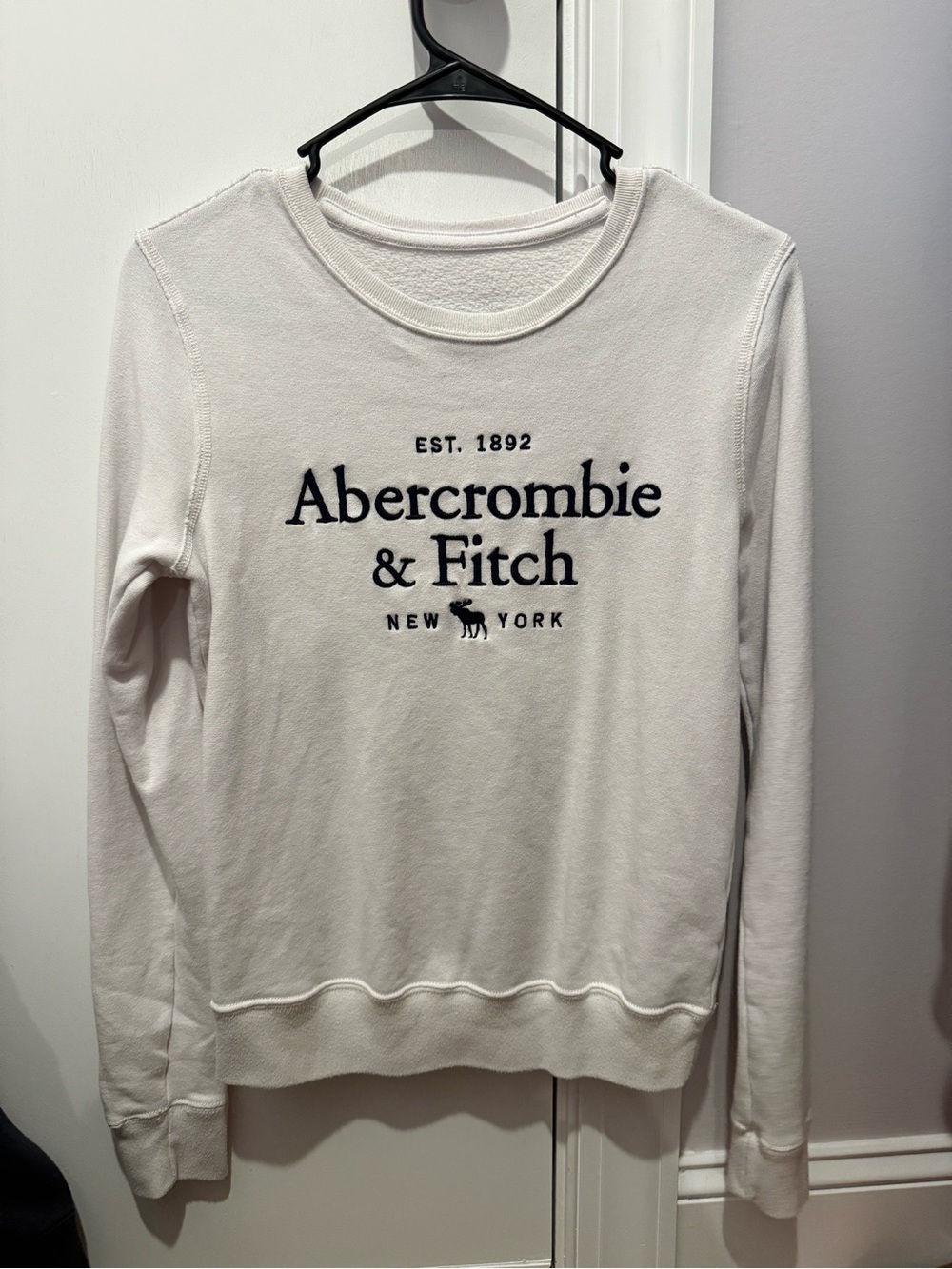 Abercrombie & Fitch Cream Crewneck Sweatshirt with Navy Label